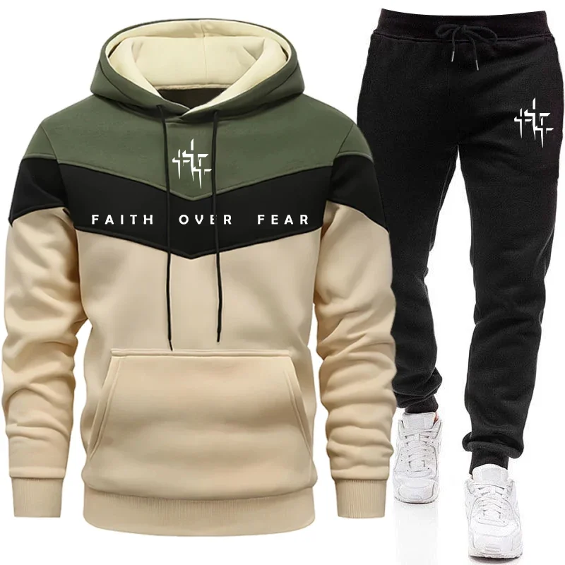 Mens Fashion Casual Outfits - Faith Over Fear Herren-Trainingsanzug mit Kapuzenpullover