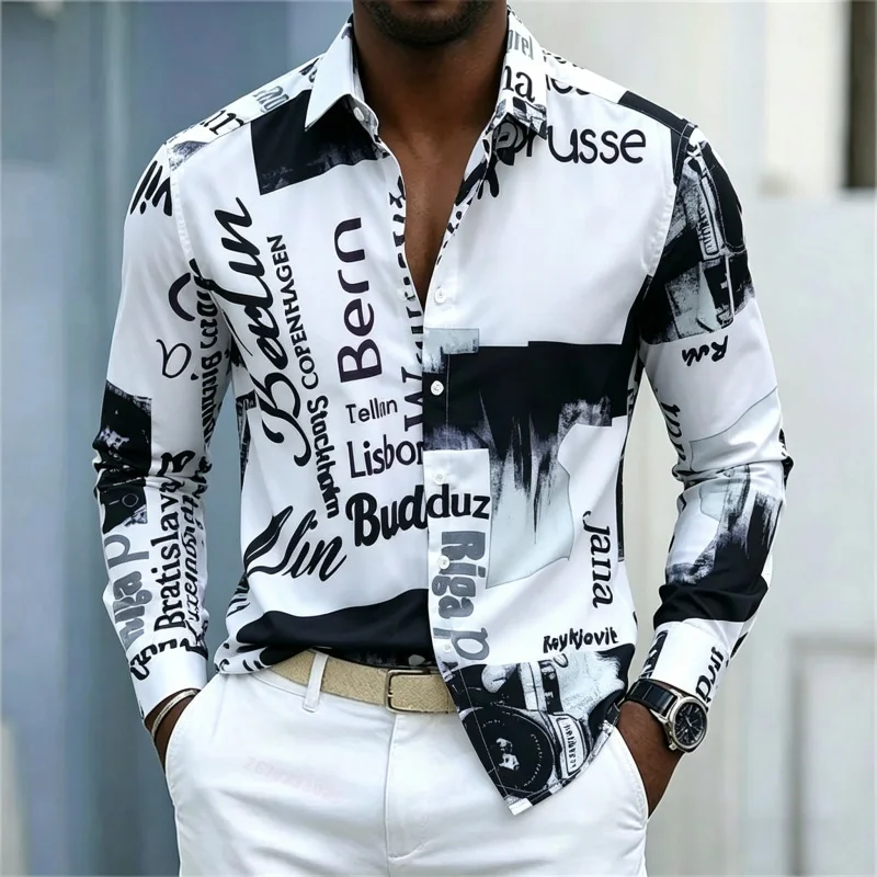 Mens Fashion Summer - Herrenhemd mit Print, Langarm, Slim-Fit mit