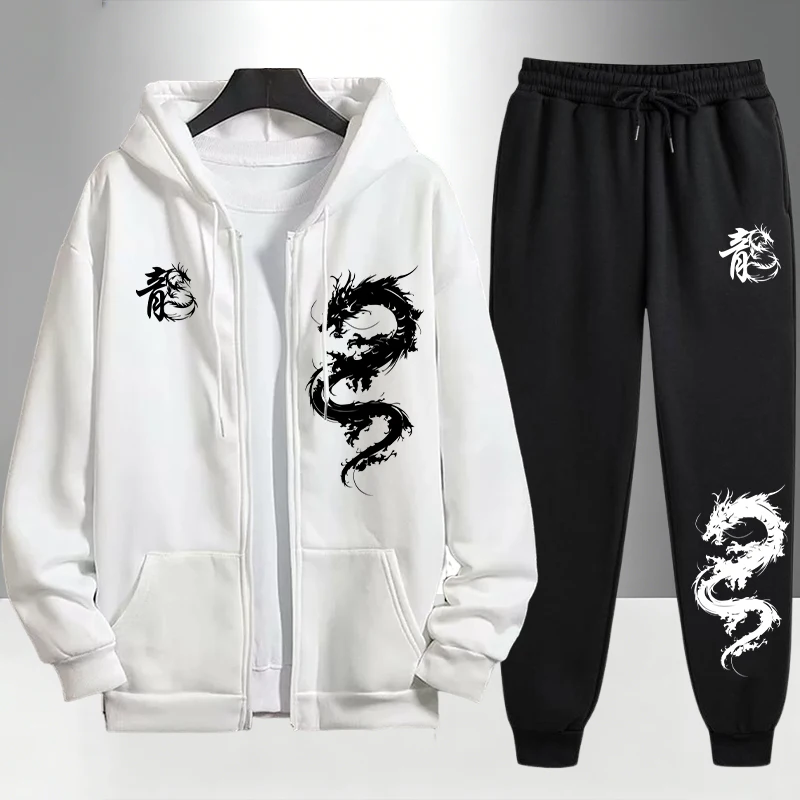 Mens Fashion Urban - Chinesischer Drachen-Print Trainingsanzug für Herren Reißverschluss-Kapuzenpullover