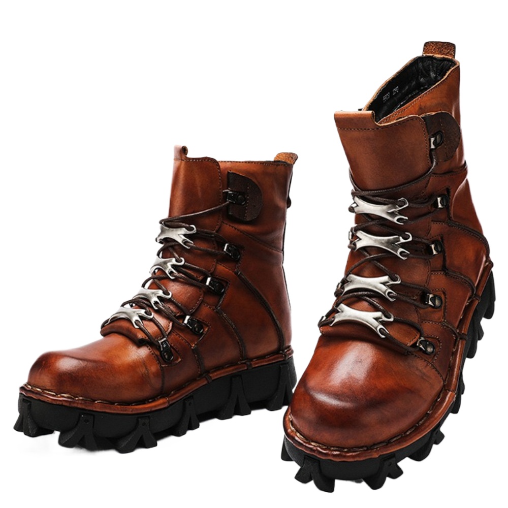 Mens Fashion Combat Boots - Modische Herren-Motorradstiefel aus Echtem Rindsleder, Gothic-Totenkopf-Punk-Kampfstiefel