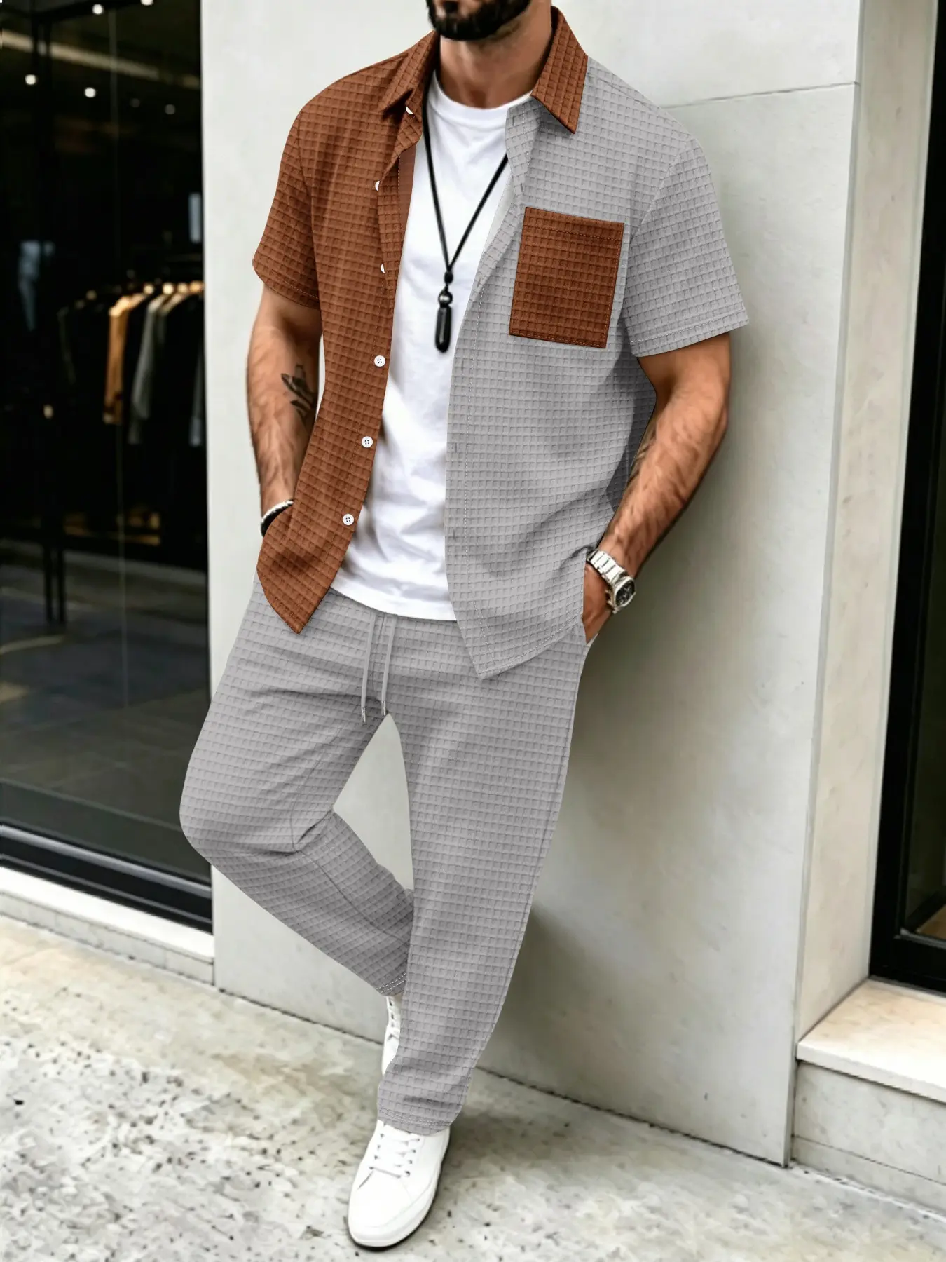 Men'S Spring Fashion - Herren-Set mit Waffelmuster-Hemd und Langer Hose,