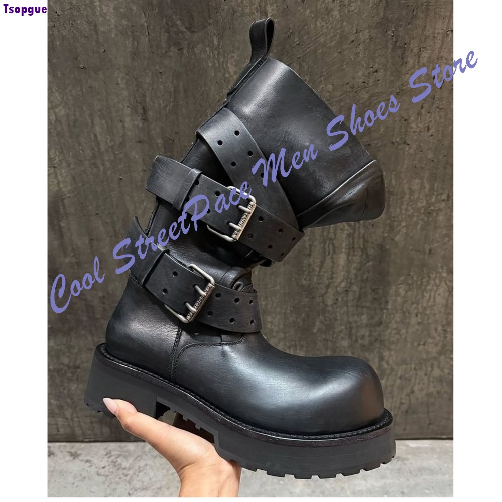 Mens Fashion Combat Boots - Multi-Schnallen-Plateau-Knöchelstiefel für Herren, Schwarz, Distressed-Look, Runde