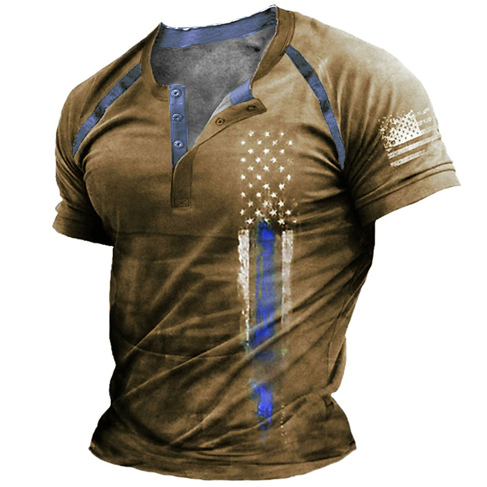Men'S Fashion Old Money - Lustiges 3D-amerikanische-Flaggen-Print Herren-Henley-Shirt, modisches Henley-Kragen-Kurzarmshirt, Sommer-Streetwear,