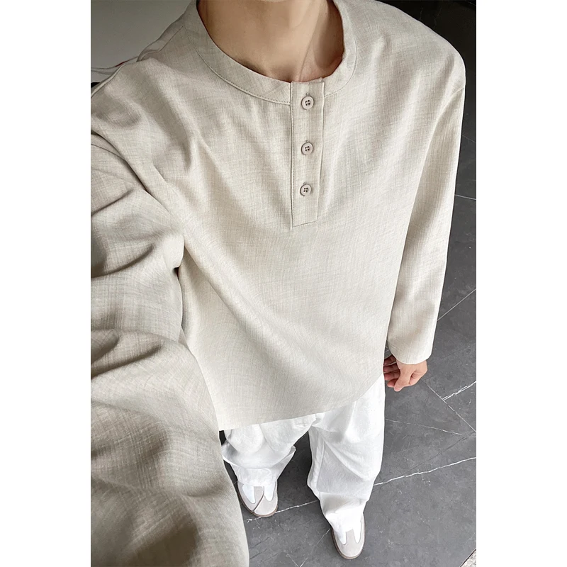 Mens Fashion Summer - Herren Casual Faux-Leinen Henley-Shirt mit Langen
