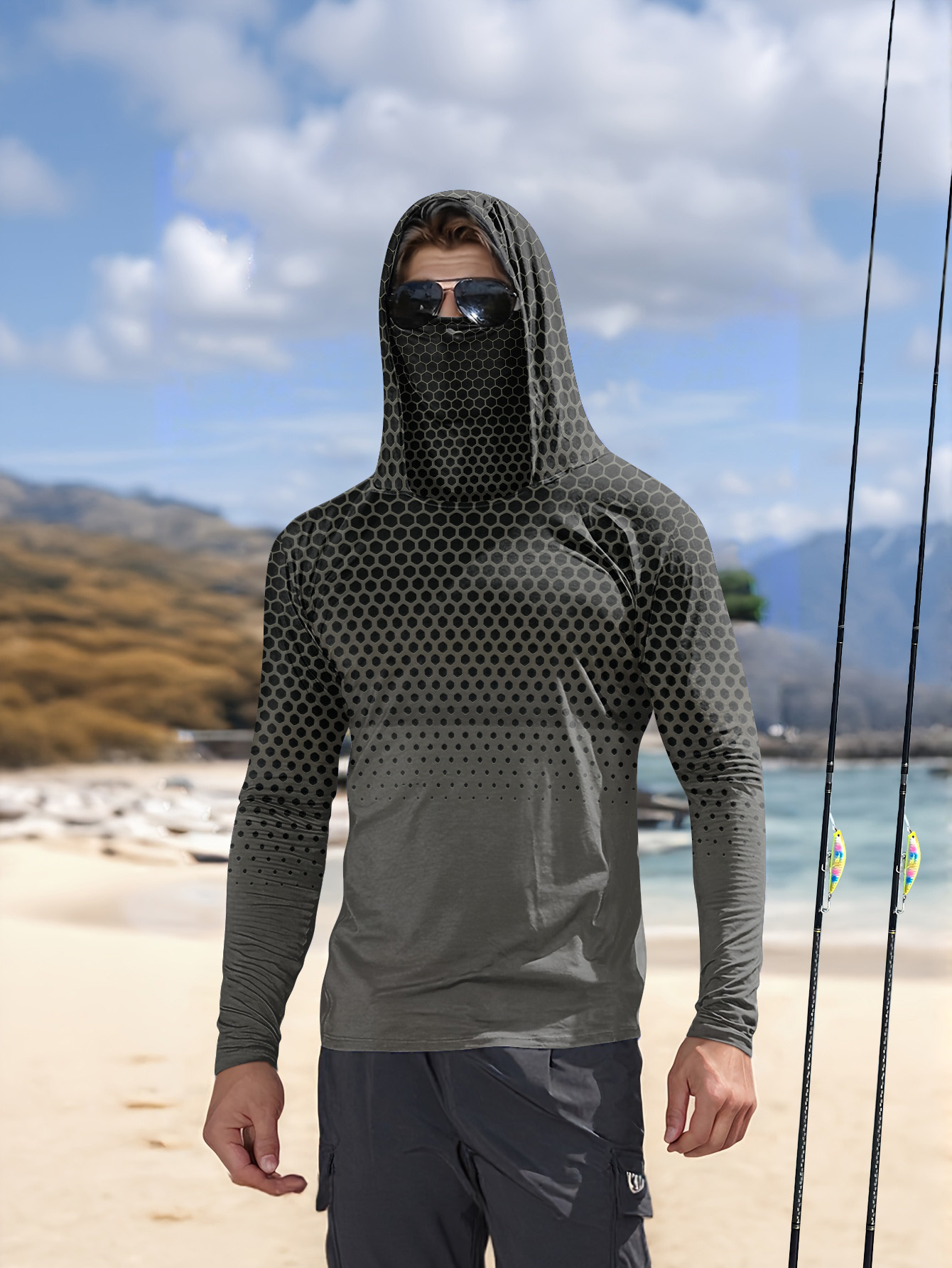Mens Fashion Summer - Graues, farbverlaufendes Wabenmuster-Angelhemd für Herren mit