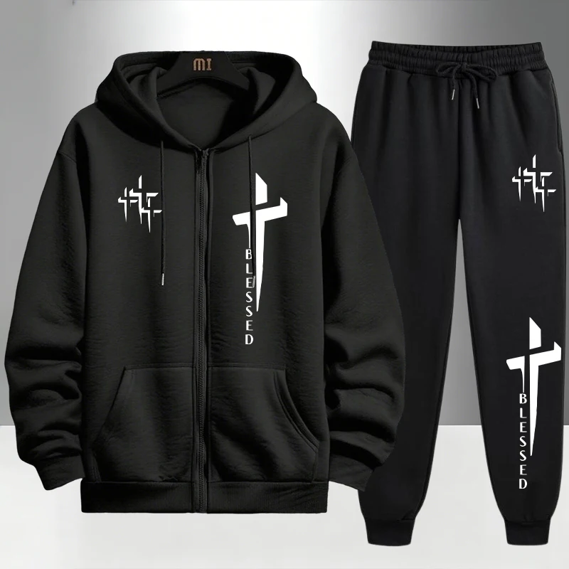 Mens Fashion Urban - Cross Blessed Print Trainingsanzug für Herren,
