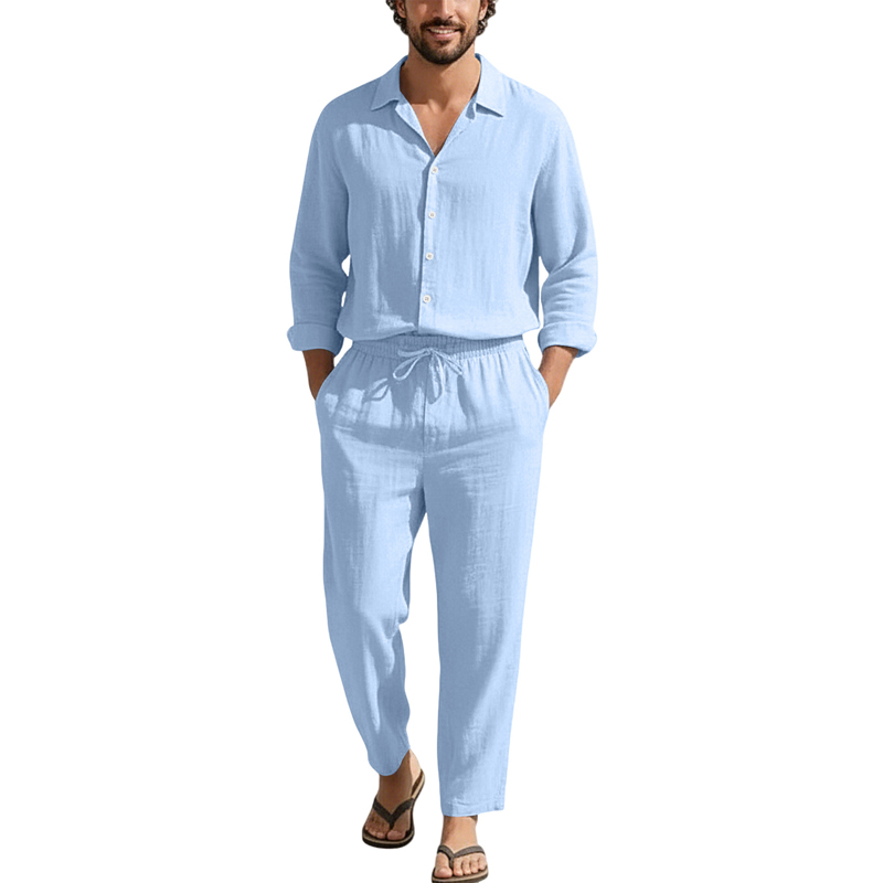 Men'S Spring Fashion - Frühling Sommer Leinen Freizeitsets Lose Strand-Langarmhemden+Lange